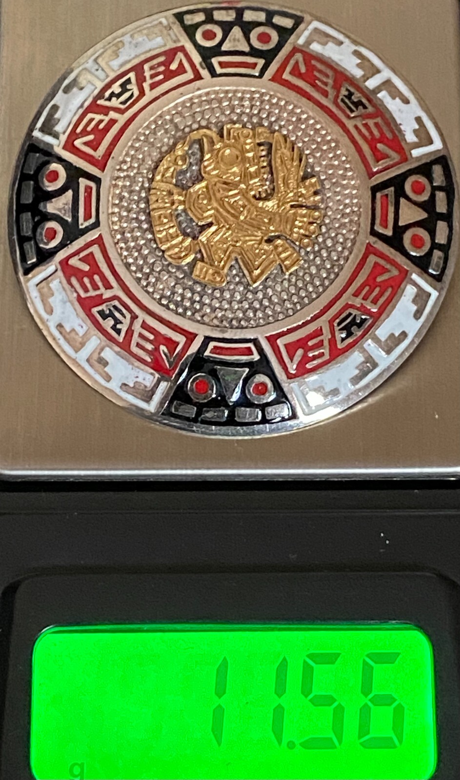 AZTEC ENAMEL MEDALLION PIN 18K GOLD STERLING SILVER .925 PENDANT GRAMS ...