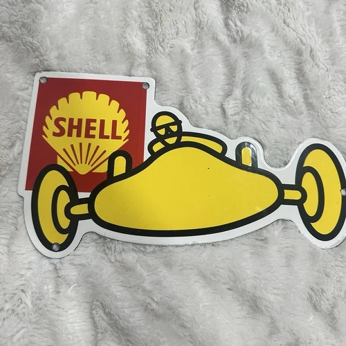 VINTAGE SHELL GASOLINE RACER RACE CAR 10" DIE CUT PORCELAIN METAL GAS & OIL SIGN