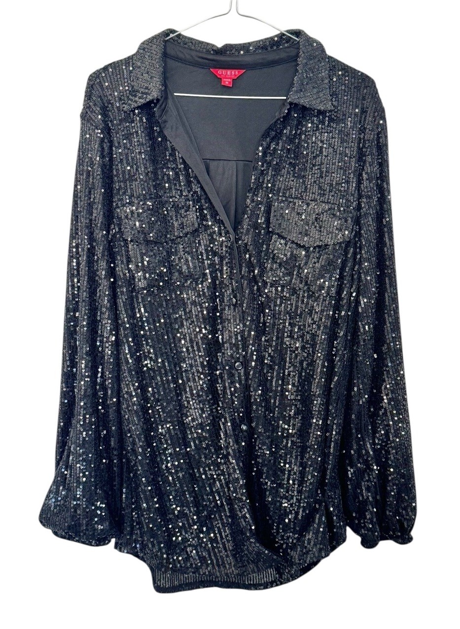 GUESS Sequin Button Up Collared Boyfriend Holiday… - image 2