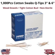 Defend 1000Pcs Cotton Swab Q-Tips 3-6" Tipped Applicator Wood Non-sterile Sealed