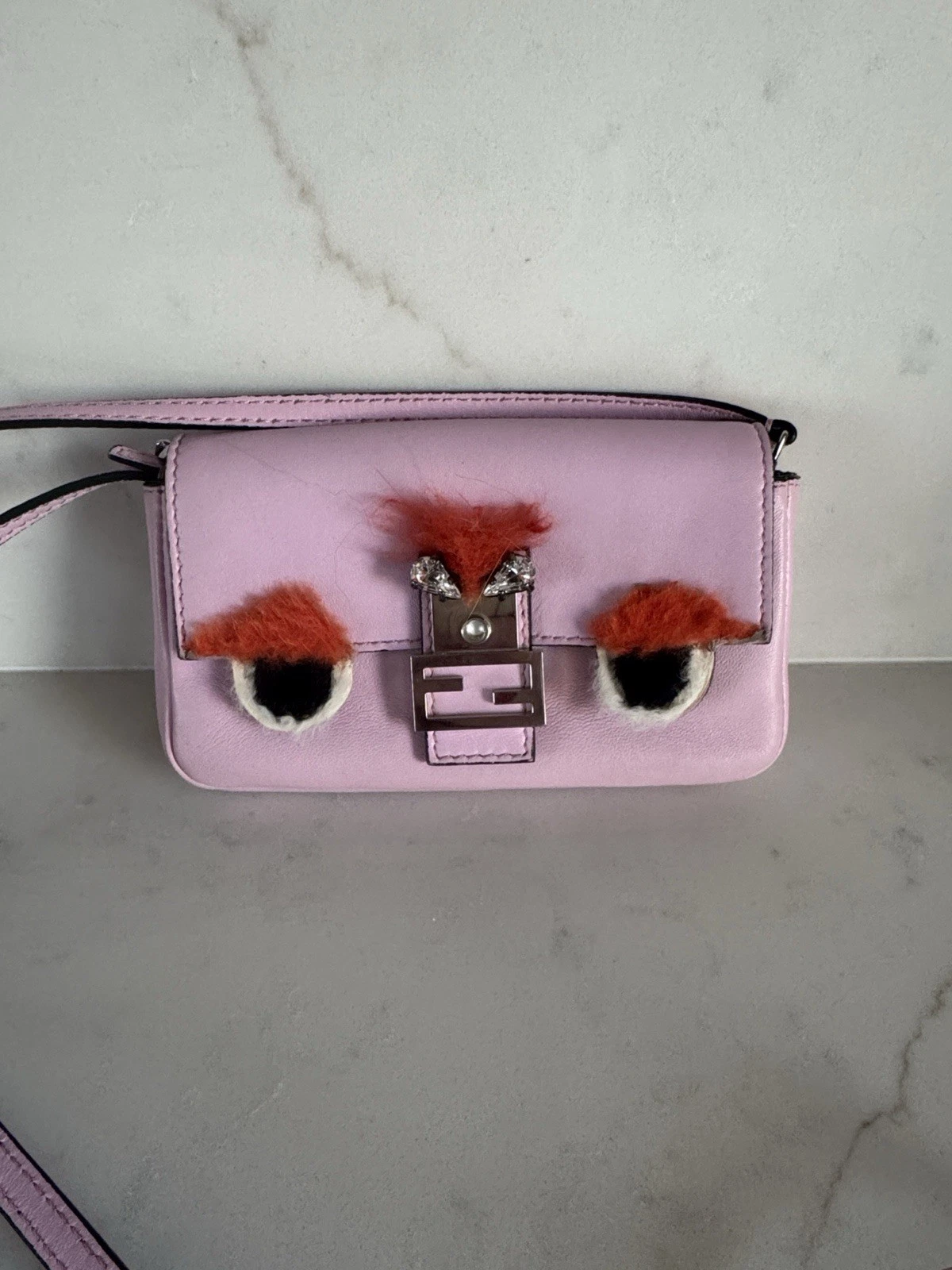 Fendi — Fendi Mini Monster Baguette Pink Leather Crossbody Bag