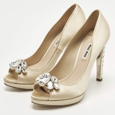 Miu Miu Size 37 Cream Satin Crystal Embellished Heel Platform Peep