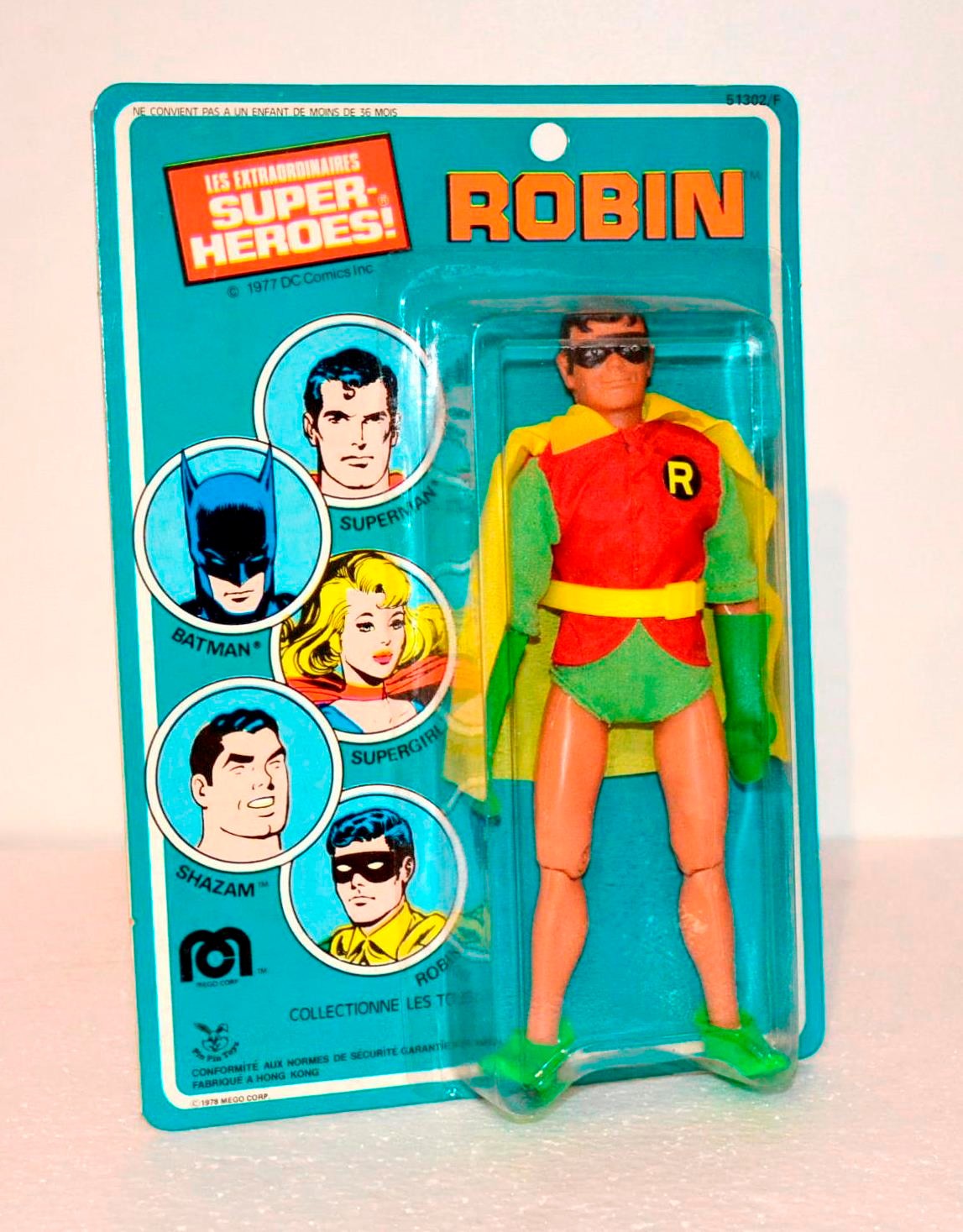 Figurine ROBIN Mego 8 pouces de 1978 avec emballage français Pin Pin Toys neuf