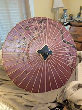 Vintage Chinese Japanese Parasol/Umbrella, Hand Painted Oil Paper Bamboo Wood 3'