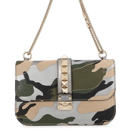 Valentino Garavani Chain Shoulder Bag Glam Lock Camouflage Canvas Leather VALENT
