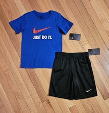 NEW Nike Little Boy Cotton Tee Dri-fit Short Set, Blue/Black sz 7