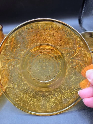8 Vtg Anchor Hocking Amber Sandwich Glass Tea Saucers Desert Gold