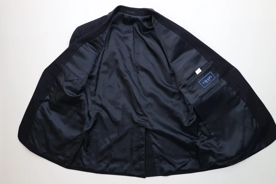 Vintage Chaps Mens 44S 2 Piece Wool Pinstriped Suit Wedding Navy Blue 38x30 - Image 4 of 4