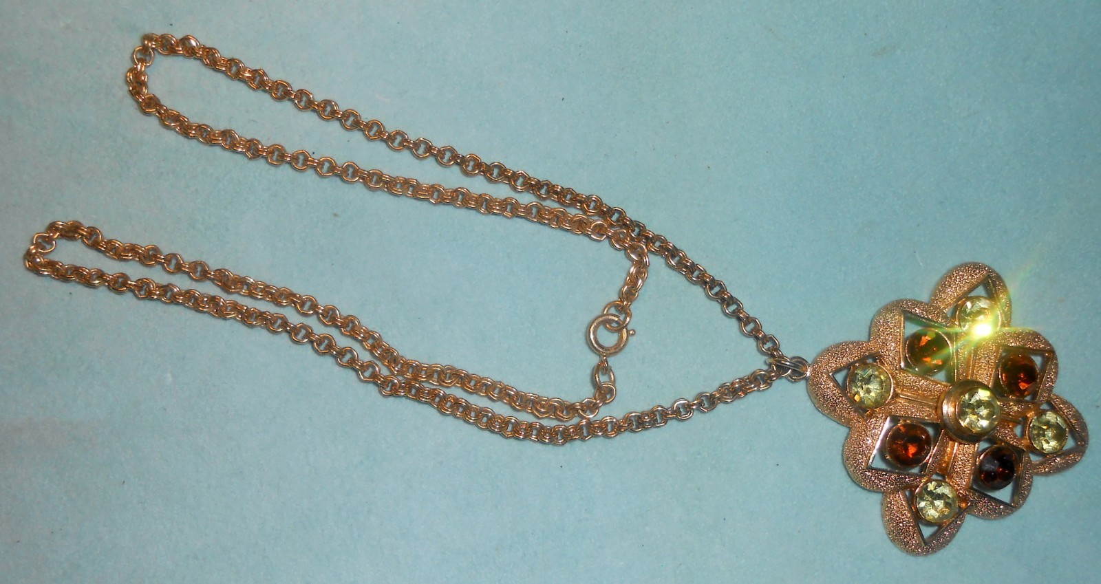 Gold Tone Multicolor Rhinestone Statement Pendant… - image 2