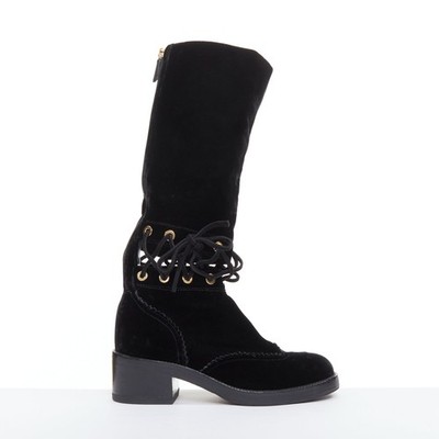 CHANEL 2016 Runway black velvet CC cap toe First Corset laced riding boots EU37