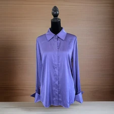 Boston Proper Sophia Button Up Charmeuse Satin Blouse Women’s Size 8 Purple Top 