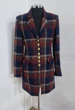 Moloh Navy Red Tartan Wool Coat UK 10 Military Style Gold Button Jacket Lined