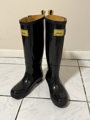 Joules Field Welly Knee-High Black Yell Striped Rubber Waterproof Boots Womens 5