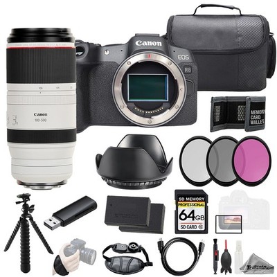 Canon EOS R8 + RF 100-500mm f/4.5-7.1L IS USM Lens+64GB+Ext Bat+3PC Filter-Kit