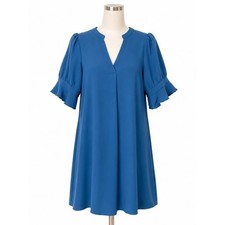 Blue V Neck Puff Sleeve Ruffle Mini Shift Dress Womens Size Medium