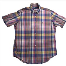 Ralph Lauren Classic Short Sleeve Plaid Button Down Shirt Men's Large With pony