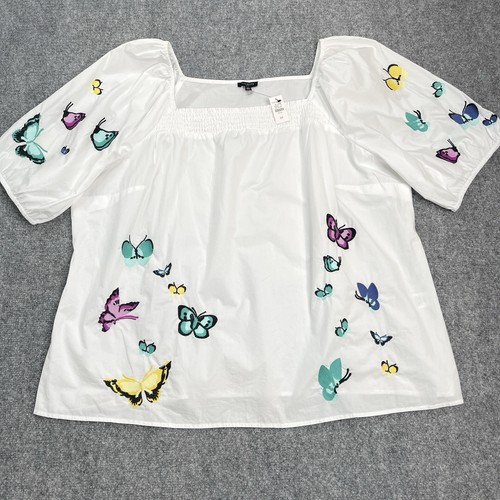 Talbots Top Womens 2X Embroidered Cotton Poplin Scattered Butterfly NEW W Tags