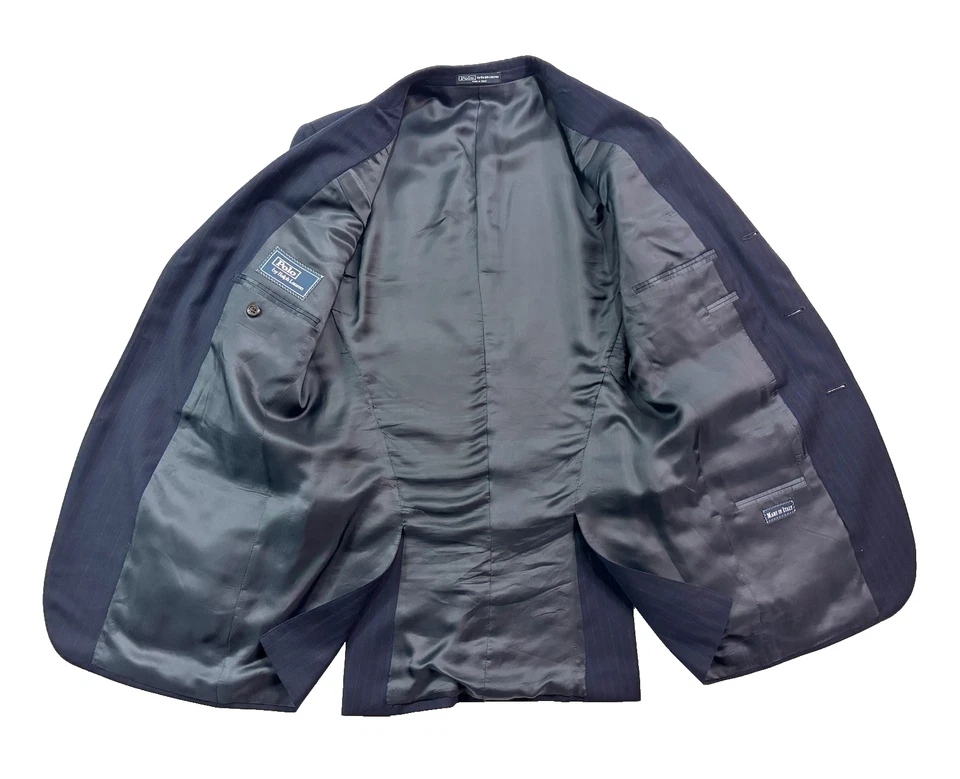 Polo Ralph Lauren 42R 34x30 Navy Blue Stripe 2pc Pant Suit Italy ExtraFine Wool - Image 4 of 4