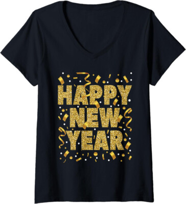 Golden Confetti New Year's Eve Happy New Year Party Ladies' V-Neck Tshirt