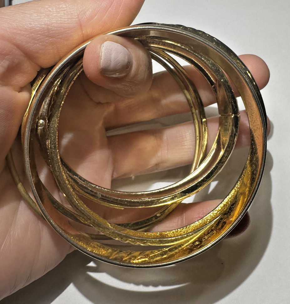 Chunky Stackable Gold tone Enamel Rhinestone Etch… - image 4