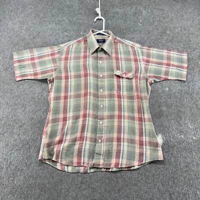 VINTAGE Arrow Brigade Shirt Mens L Green Red Button Up Board Polyester Blend 70s