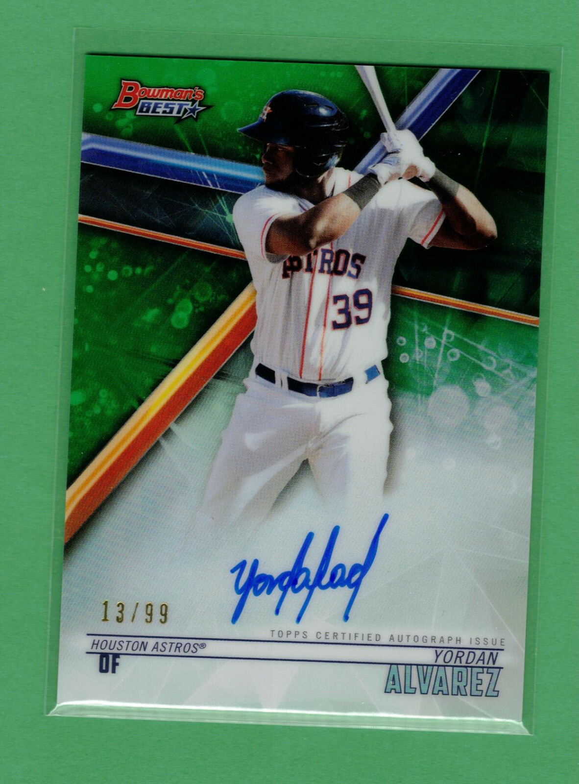 2018 BOWMAN'S BEST YORDAN ALVAREZ AUTO ON CARD GREEN REFRACTOR 13/99 ASTROS