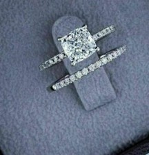 3.15Ct Cushion Cut Simulated Diamond Engagement Wedding Ring Set 14k White Gold