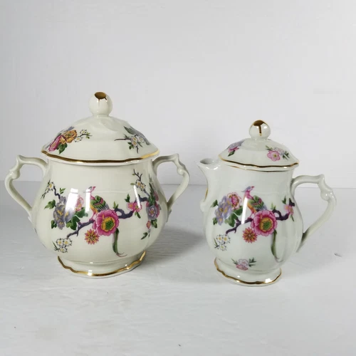 Vtg. Bernardaud Limoges France Bengali Creamer & Sugar Flowers Bird of Paradise