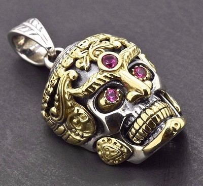 925 Sterling Silver 14k Gold Biker Sugar Skull Memento Mori Gothic Pendant Charm