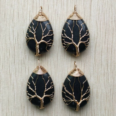 10pcs/lot Gold Wire Wrap Tree of Life Water Drop Natural Obsidian Stone Pendants