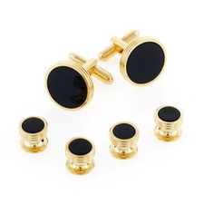 Genuine Onyx Concentric Circles Cufflinks and Studs Gold