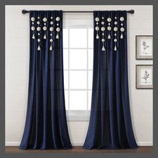 95"x52" Boho Pom Pom Tassel Linen Window Curtain Panels Navy Blue -