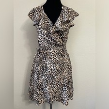Free People Animal Print Ruffle Wrap Dress Brown Black Beige Small S