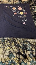 Vintage Black Floral Silk/Rayon Embroidered Fringe Mantilla Piano Shawl 38  x36  
