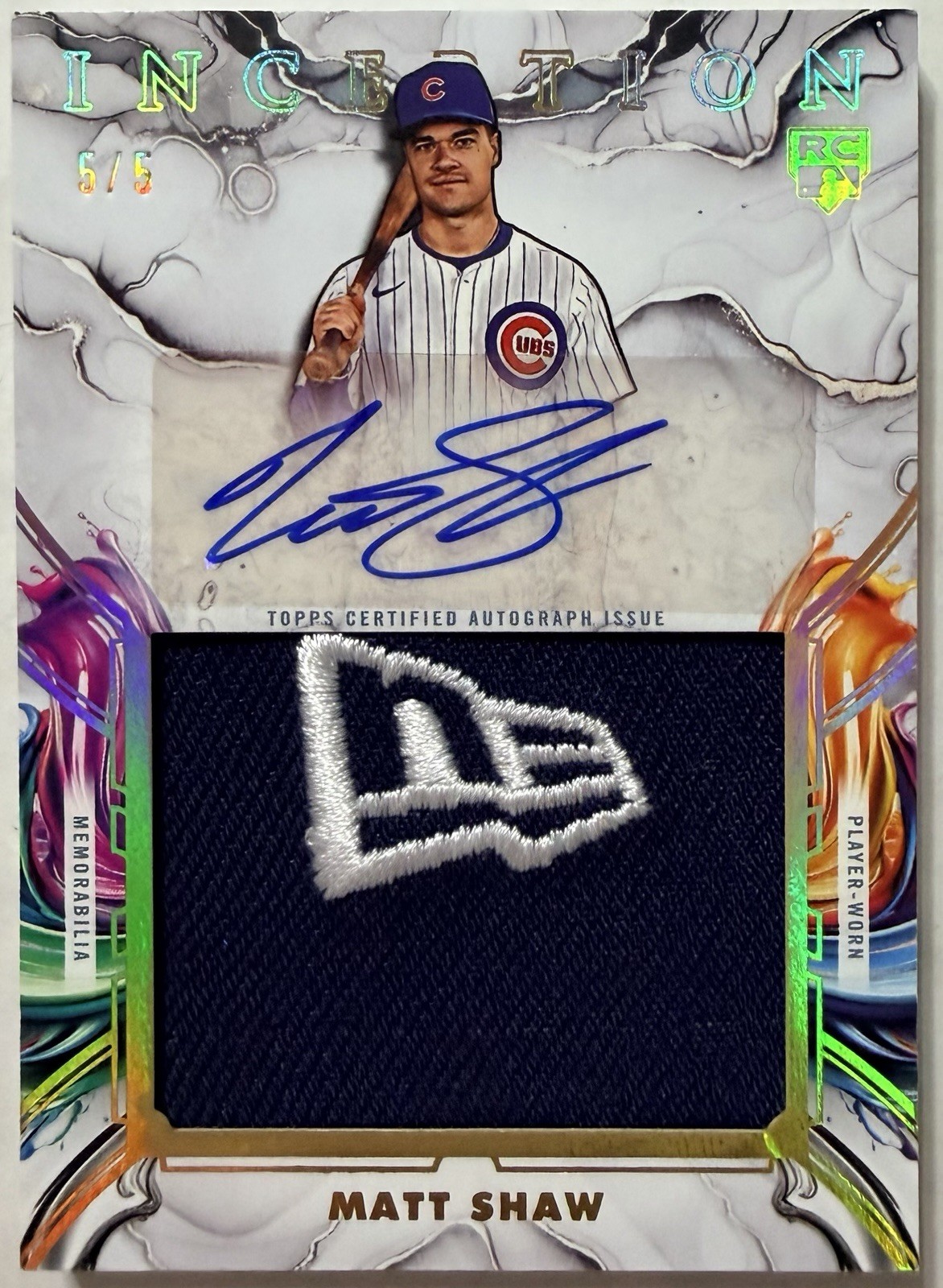 2025 TOPPS INCEPTION ~ MATT SHAW RC - AUTO PATCH ~ #/5 NEW ERA ~ CHICAGO CUBS