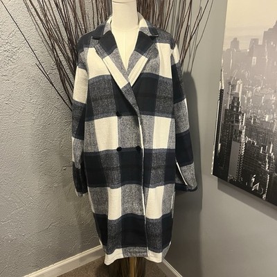 DOUBLE TAKE BLUE AND WHITE PLAID TRENCH STYLE WINTER COAT SIZE XL