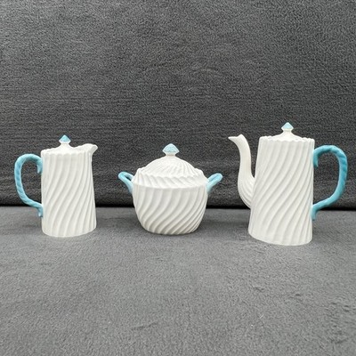 Aynsley England WHITE SWIRL/ Aqua blue creamer, Sugar & Tea/ Coffee Pot. Vintage