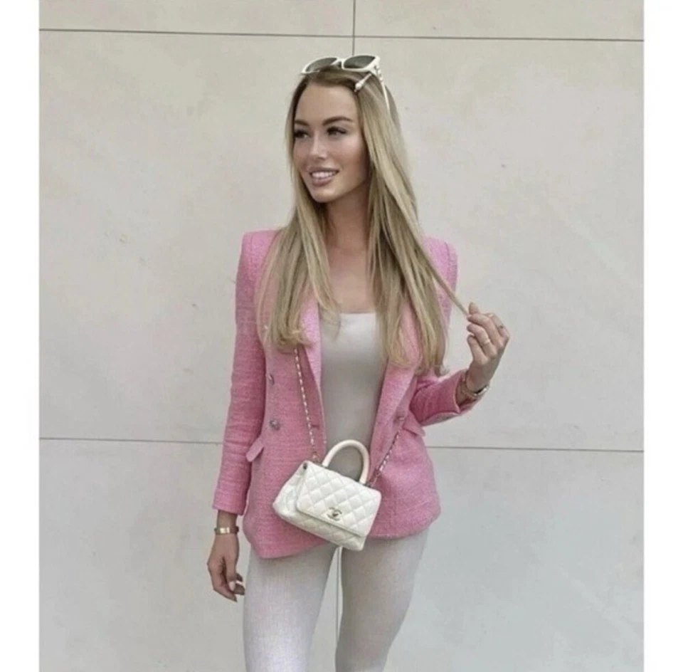 ZARA TEXTURED TWEED PINK BLOGGERS FAVE BLAZER JACKET TEXTURED WEAVE SILVER BTN - Image 3 of 4