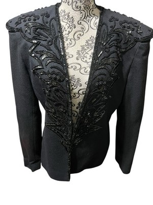 Morgan Taylor Women s Size 12 Sequin Wool Evening Jacket Black Shoulder Pads