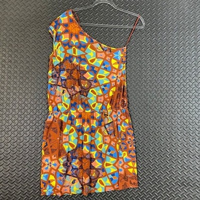 Tibi New York Brown Multi Color Geometric One Shoulder Dress Women's Size Large