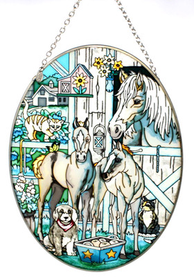 Stained Glass Suncatcher Window Horses Cats Dog Pets Oval 8.75'' Amia Studio