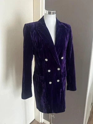 Blazer Long Zara Velours Violet Profond Double Boutonnage Boutons Bijoux Strass - Photo 1/4