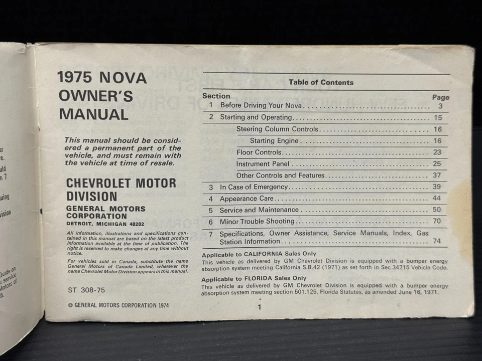 1975 Chevrolet Chevy Nova Owners Manual OEM Original Foto 3 de 3