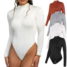 Women Mock Turtle Long Sleeve Bodysuits Shapewear Sexy Thong Warm Soft Jumpsuits