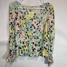 Loft Garden Smocked Cuff Square Neckline Blouse Womens XSmall XS Floral Chic