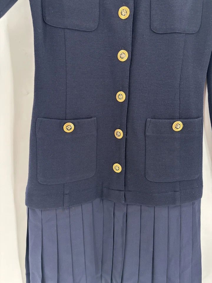 Женское винтажное платье Adrienne Vittadini средний размер синее 100% шерстяные пуговицы со складками - Изображение 4 из 4