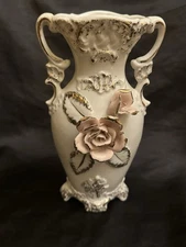 Vintage Lipper & Mann Japan Porcelain Vase w/ Applied Roses & Gold Trim 8.25”