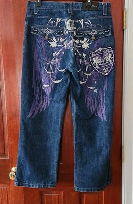 Y2K Raw Blue Jeans Mens 34x32 Wings Rhinestones Wide Leg Patch Vintage  