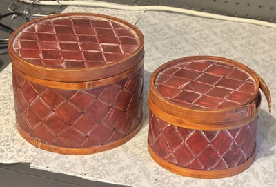 Set of 2 Round Brown Woven Wood Decorative Storage Boxes with Lids