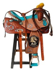 Brown-Turquoise Western Leather Barrel Racing Horse Saddle Floral Tooling Tack